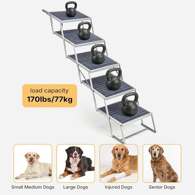 Veehoo Extra Wide Dog Steps for Car Truck SUV Foldable, 5 Steps Lightweight Aluminum Dog Stairs for Injured Senior Large Dogs 20" Wide, Folding Pet Ramp Ladder with Non Slip Surface, up to 170lbs