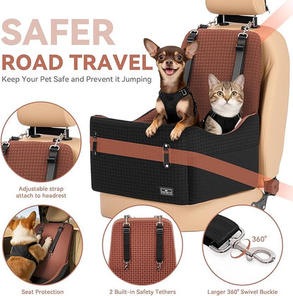 PETSFIT Dog Car Seat for Small/Medium Dogs Up to 35 lbs – Patented Safety System, 6" Memory Foam Pet Booster Car Seat, Fully Detachable and Washable Dog Carseat with 2 Storage Pockets (Black/Brown)