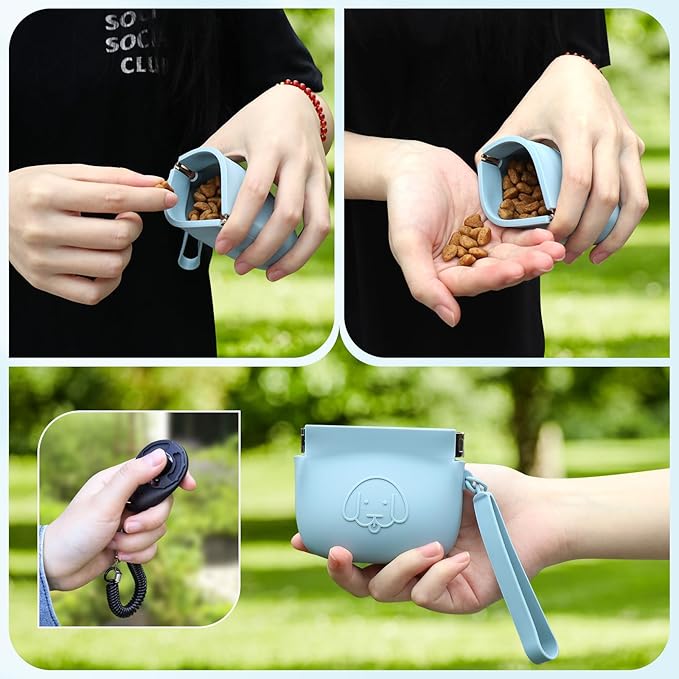 WALLFID Silicone Dog Treat Pouch Small Bag,Auto Closure,with Pet Training Clicker,Walking Bag for Dog and Cat,Pocket Size,Easy to Clean,Odorless (sky blue)