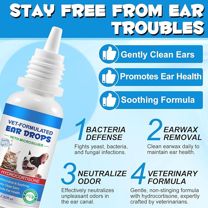 Redshine Ear Drops for Cats & Dogs-Dog Ear Infection Medication-Ear Mites Treatment-Dog Yeast Soothing Cleansing with 1% Hydrocortisone-Clean Pet Earwax-Mild and Effective (60ml+30 Cotton Swabs)