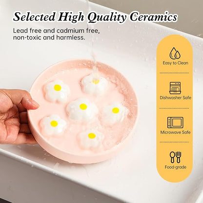 Ceramic Cat Slow Feeder Bowl - 6 OZ Puzzle Food Dish for Healthy Eating - Shallow Wide Whisker Friendly - Dishwasher Safe - 6.3''W x 1.2''H - 6 OZ - White Flowers