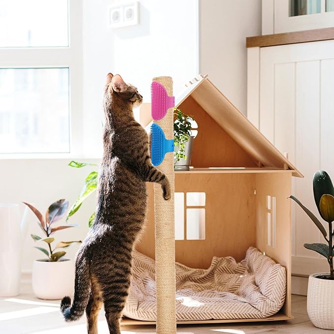 4pcs Cat Self Grooming Brush, TPR Cat Face Scratcher Adjustable Pet Hair Massage Combs Artifact for Climbing Frames & Table Legs, Short/Long Hair Cats & Kittens Interactive Toy (Pink, Blue)
