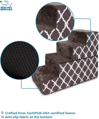 Best Pet Supplies Dog Stairs & Steps - Foam Steps for Small Dogs & Cats, Non-Slip Indoor Balanced Pet Step Support, Dog Ramp, No Assembly, Brown Lattice Print, Foldable 4-Step (22-inch Height)