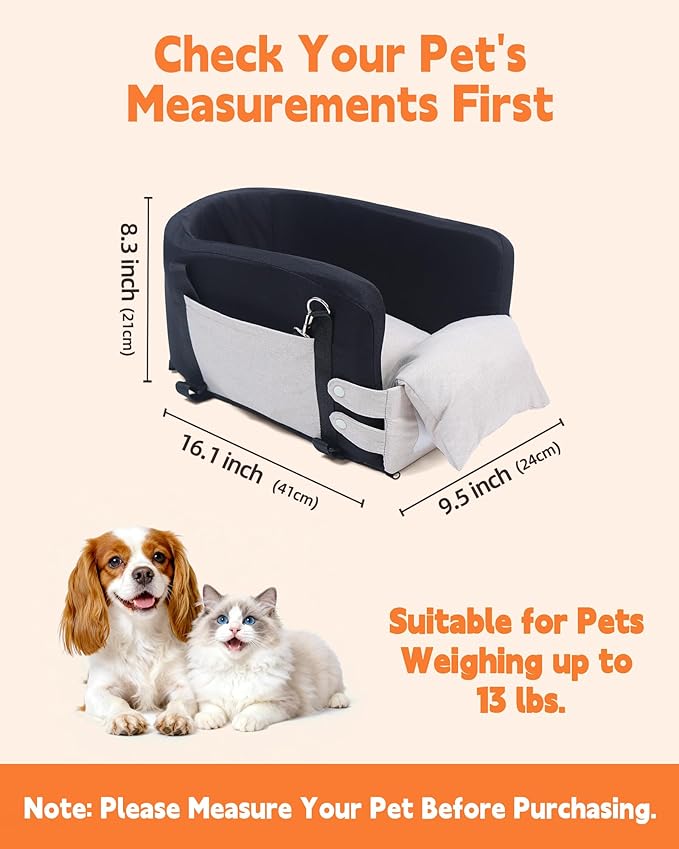 JZXOIVA Console Dog Car Seat & Travel Bed for Small/Medium Dogs, Booster Dog Car Seat with Safety Tether, Non-Slip Base, Washable Cover, Front or Back Seat Pet Carrier Bed, Black