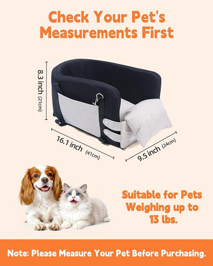 JZXOIVA Console Dog Car Seat & Travel Bed for Small/Medium Dogs, Booster Dog Car Seat with Safety Tether, Non-Slip Base, Washable Cover, Front or Back Seat Pet Carrier Bed, Black