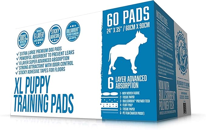 Bulldogology Puppy Pee Pads XL with Adhesive Sticky Tape - Extra Large Dog Training Wee Pads (24x35) 6 Layers with Extra Quick Dry Bullsorbent Polymer Tech (60-Count, White)