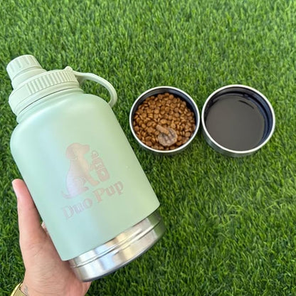 DuoPup 32oz Insulated Stainless Steel Pet Water & Food Bottle – Portable Leak-Resistant Dispenser with Two Detachable Bowls & Carrying Strap – Travel, Hiking & Outdoor Pet Hydration – LightGreen