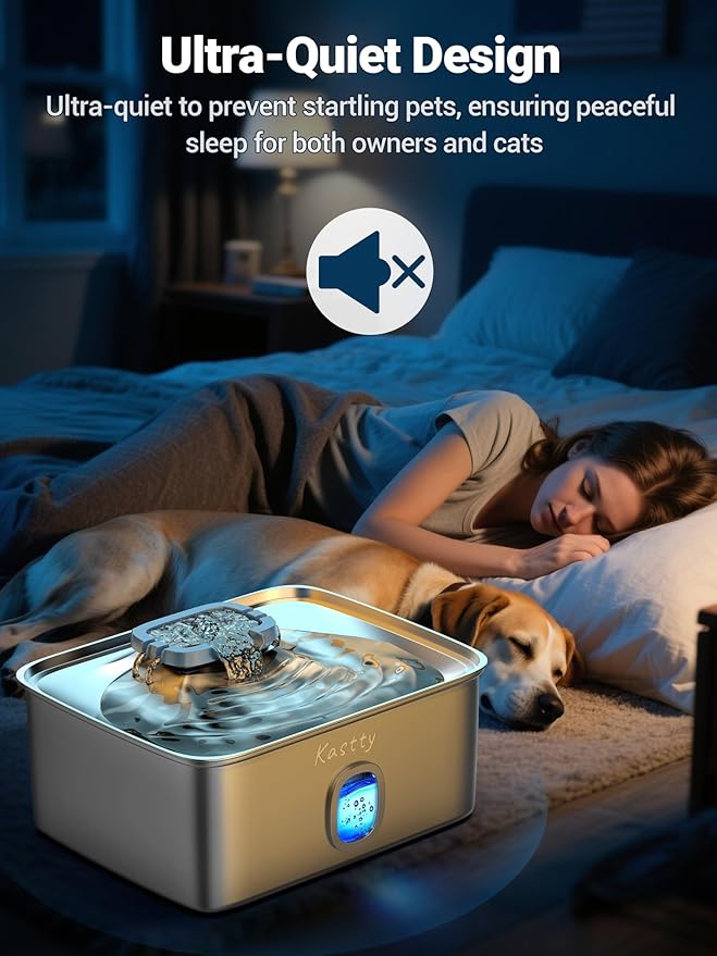 Kastty 4 Gal Dog Water Fountain for Large Dogs,15L Stainless Steel Dog Water Bowl Dispenser Triple Filtration,Ultra Quiet Automatic Pet Water Fountain with Water Level Window and LED Light(FS76)