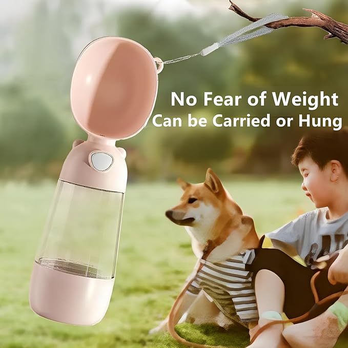 Portable Dog Water Bottle for Walking, Leak Proof 2 in 1 Water and Food Dispenser, BPA Free Pet Travel Water Bottle for Hiking, Lightweight Puppy Outdoor Drinking Bowl (Pink)