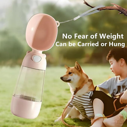 Portable Dog Water Bottle for Walking, Leak Proof 2 in 1 Water and Food Dispenser, BPA Free Pet Travel Water Bottle for Hiking, Lightweight Puppy Outdoor Drinking Bowl (Pink)