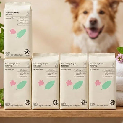 Kindfull Dog Grooming Wipes – 5 Pack (300 Total), Botanical Mint Scent – Gentle, pH-Balanced Pet Wipes for Paws & Fur – Plant-Based, Alcohol-Free – 7.9" x 7.7" Each