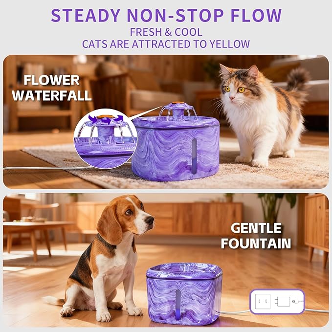 Cat Water Fountain Purple: Automatic Flower Pet Water Fountain for Cats Indoor-84oz/2.5L, Cute Cat Fountain for Drinking, LED Blue Light, Upgraded Ultra Quiet Pump, Gifts for Cats, Dogs (2Filters)