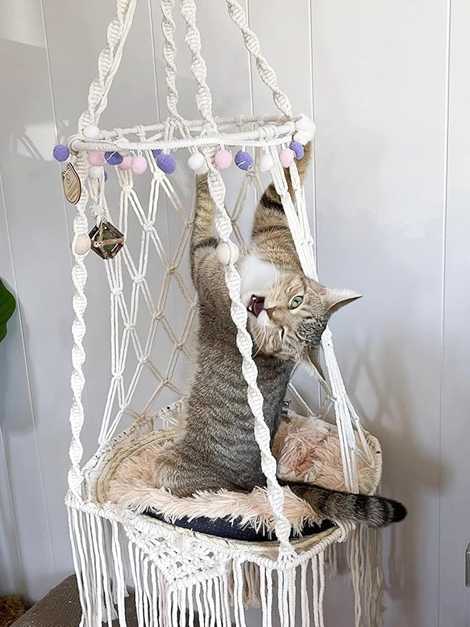 KARCEEY Cat Hammock Macrame Hanging Bed for Large Cats - 50lbs Heavy Duty Cat Swing Wall Mounted Boho Window Perch - Hardware Kit Included