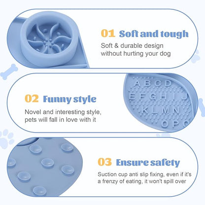 Silicone Slow Feeder Dog Bowls & Cat Bowls, 2 Cups Small Pet Food Bowl with Non-Slip Suction Base, Food-Grade Safe Puzzle Feeder for Small & Medium Dogs & Indoor Cats (Bowl & Lick Mat (Blue))