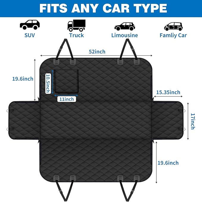 WoofKnows(54" W x 56" L, Black Scratch Prevention Dog Car Seat Cover for Back Seat Waterproof Dog Hammock for Car with Mesh Window Durable