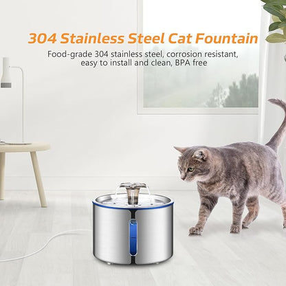 Cat Water Fountain, 84oz/2.5L Stainless Steel Pet Water Fountain for Cats, Dogs and Multiple Pets, Automatic Dog Water Dispenser with Water Level Window, Ultra-Quiet Pump