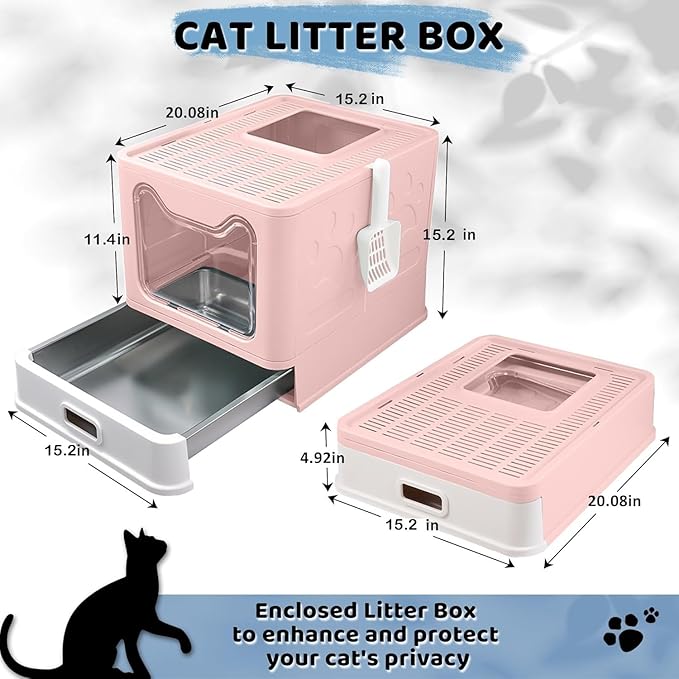 Enclosed Cat Litter Box with Lid Top Exit Covered Metal Stainless Steel Litter Box Leak Proof & Odorless Easy to Clean Including Cat Litter Scoop and Litter Mat