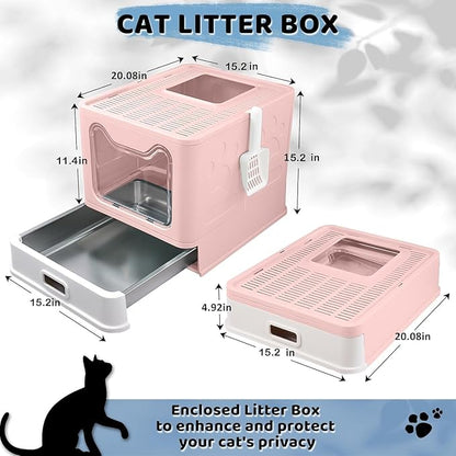 Enclosed Cat Litter Box with Lid Top Exit Covered Metal Stainless Steel Litter Box Leak Proof & Odorless Easy to Clean Including Cat Litter Scoop and Litter Mat