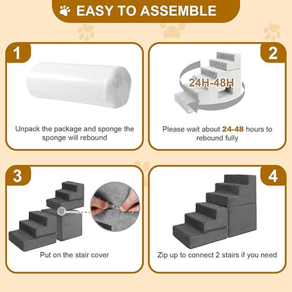 Dog Stairs for Small Dogs, 6-Step Dog Steps for High Bed, High-Density Foam Pet Stairs with Non-Slip Removable Washable Cover to Get on Bed
