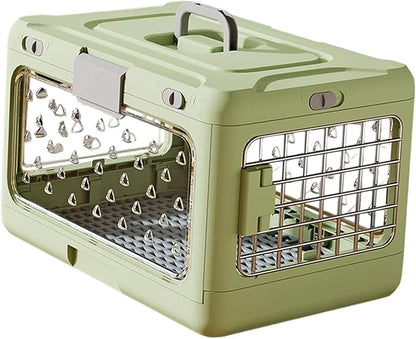 Folding Puppy Crate Cat Transport Box Hard Sided Transparent Portable Dog Kennel Pet Carrier for Small Dogs Rabbit Kitten, Green