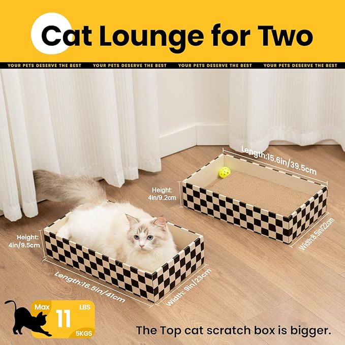 Cat Scratcher Box with 4 Scratching Pads&2 Separate Cardboard Boxes,2-in-1 Cardboard Cat Scratch for Multiple Kitten Interactive Play,Birthdays Holiday Toys Gift,Checkered-Ball Toy