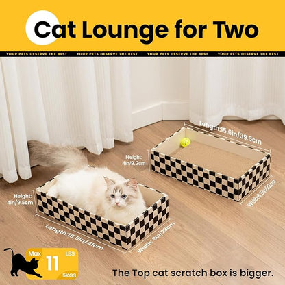 Cat Scratcher Box with 4 Scratching Pads&2 Separate Cardboard Boxes,2-in-1 Cardboard Cat Scratch for Multiple Kitten Interactive Play,Birthdays Holiday Toys Gift,Checkered-Ball Toy