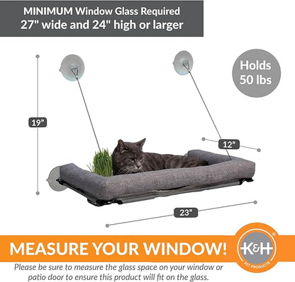 K&H Pet Products EZ Mount Cat Window Perch Deluxe Bolstered Kitty Sill with Cat Grass Grow Station - Hammock Window Bed for Indoor Pets, Home Grown Grass Toy for Bored Indoor Felines