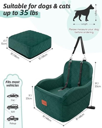 Lealchum Dog Booster Car Seat for Small/Medium Dogs,6in Elevated Cushion,Fully Detachable and Washable,2 Storage Pockets & 3 Straps,Fits in Front/Back Seat,Easy to Install (Green,Medium)