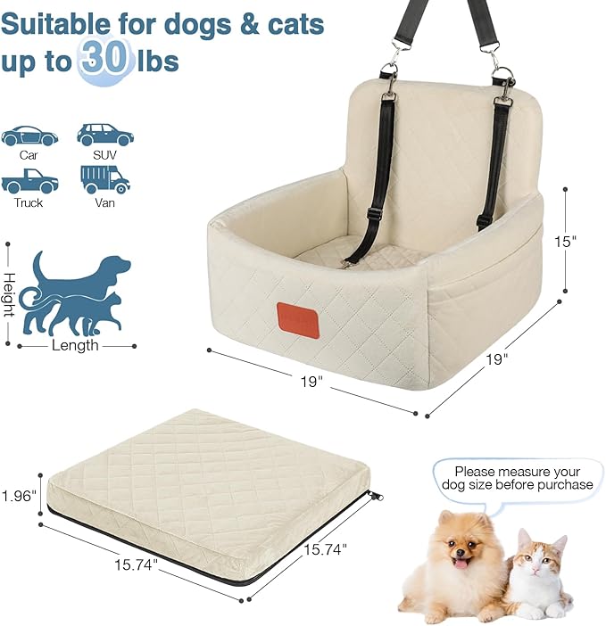 WOOAIDAGG Dog Car Seat for Under 30lbs Dogs,Comfy Febric Fill in Memory Foam,Washable and Detachable Pet Travel Car Bed,Anti-Slip Bottom,2 Safety Leashes & Storage Pockets(Beige)