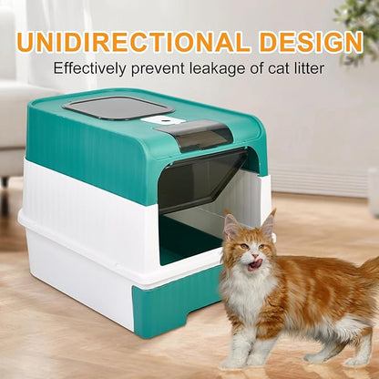Cat Litter Box with Litter Mat, 18"x14"x13" Large Litter Box for Big Cats, Enclosed Removable Litter Boxs, Front Entry Top Exit Kitty Box, Odor Control, Easy to Clean (Green)