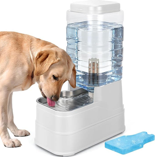 2.2 Gallon Pet Automatic Dog Water Dispenser Cat Gravity Waterer Feeder with Stainless Steel Bowl Large Capacity Puppy Feeding Raised Bowls with Filter,Ice Pack (White, 8L(2.2 Gallon))