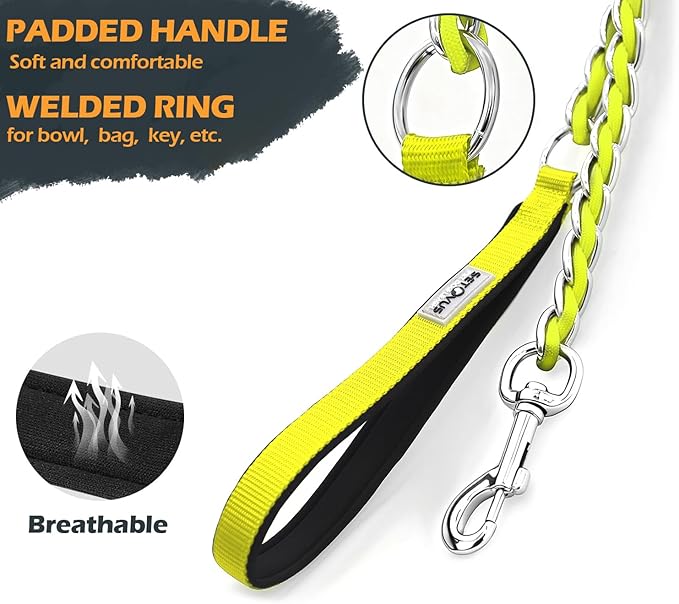 Chain Dog Leash Chew Proof Metal Leash for Medium Large Dogs, Chain Link Dog Anti Chew 5.2FT / 4FT Strong Anti Bite Comfortable Soft Padded Handle (Yellow, 5FT(30-80lb)