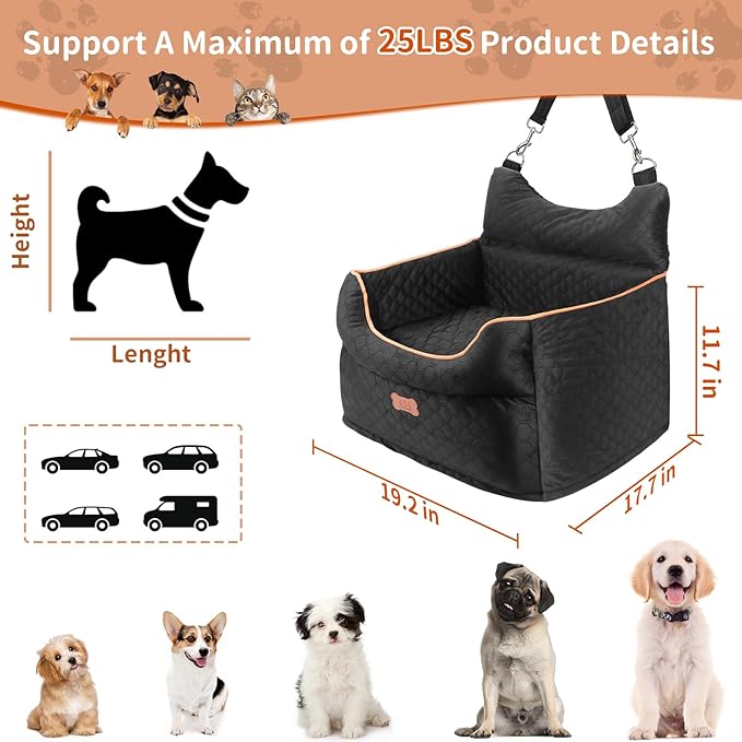 Dog Car Seat - Memory Foam Dog Booster Seats for Small Dogs Up to 25lbs-Elevated Pet Car Seat with Storage Pockets and Dogs Seat Belt-Pet Travel Bed for Front & Back Seats-Removable Washable-Black