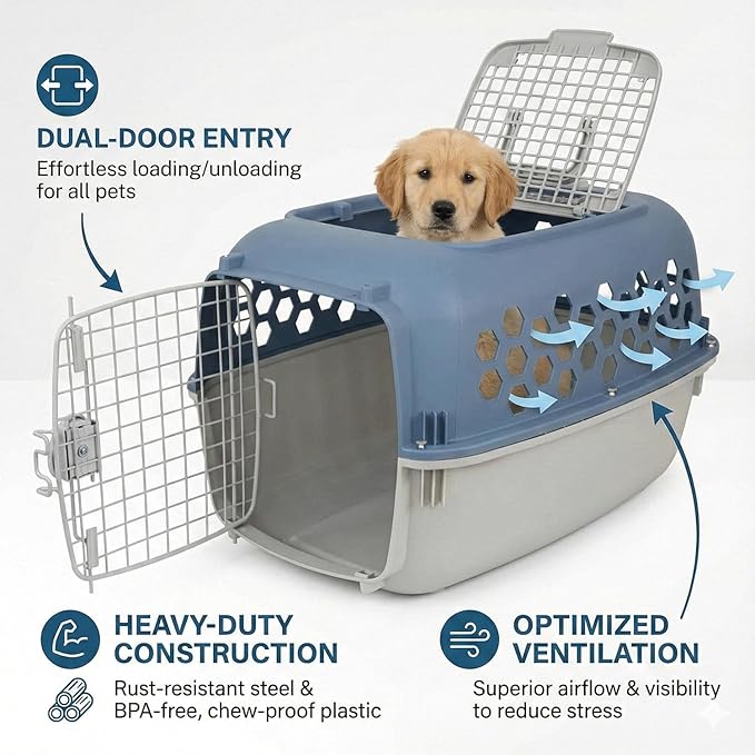 Portable Double Door Plastic Pet Carrier for Dogs & Cats - 24" Durable Ventilated Kennel with Top Loading, Airline Approved, Foldable Design for Travel & Vet Visits