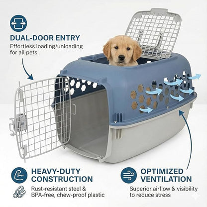 Portable Double Door Plastic Pet Carrier for Dogs & Cats - 24" Durable Ventilated Kennel with Top Loading, Airline Approved, Foldable Design for Travel & Vet Visits