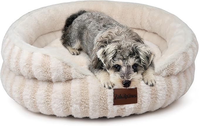 Cat Bed Puppy Bed - Washable Round Cat Beds for Indoor Cats, Soft Corduroy Fleece Pet Bed for Puppy and Kitten with Removable Double Sided Inner Cousion, 23", Beige