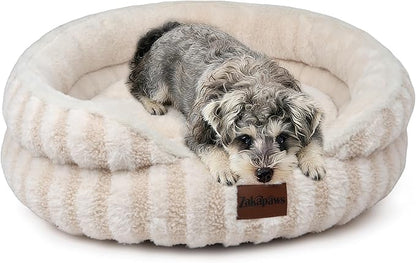 Cat Bed Puppy Bed - Washable Round Cat Beds for Indoor Cats, Soft Corduroy Fleece Pet Bed for Puppy and Kitten with Removable Double Sided Inner Cousion, 23", Beige