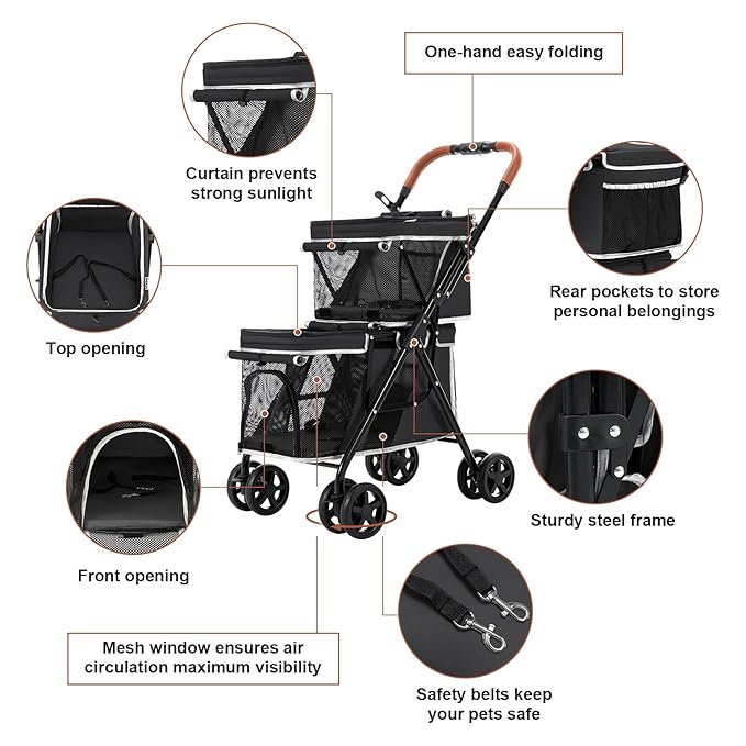 Double Pet Stroller for Dogs and Cats, One-Hand Folding Dog Stroller Travel Carriage for Small Medium Dogs Cats, 4 Wheels, Black