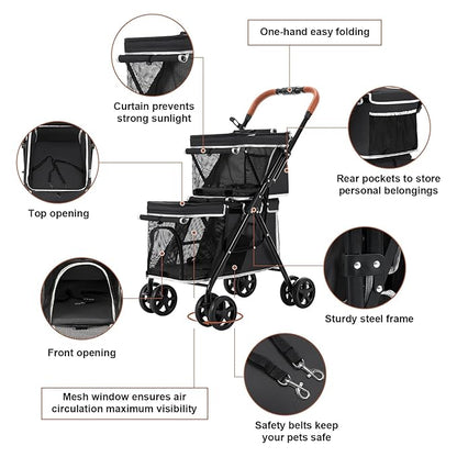 Double Pet Stroller for Dogs and Cats, One-Hand Folding Dog Stroller Travel Carriage for Small Medium Dogs Cats, 4 Wheels, Black