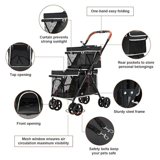Double Pet Stroller for Dogs and Cats, One-Hand Folding Dog Stroller Travel Carriage for Small Medium Dogs Cats, 4 Wheels, Black