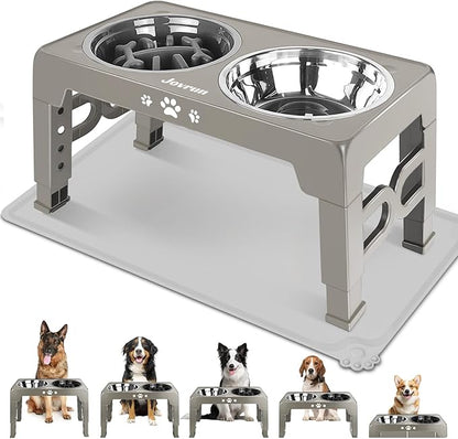 Elevated Dog Bowls for Medium Size Dogs with Mat, Non-Slip Dog Feeder with 1*Stainless Steel Dishes & 1*Slow Feeder Bowl, 5 Heights Adjustable Raised Bowls for 3.15″-8.66″-9.84″-11.02″-12.2″