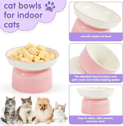 Cat Food Bowl, Ceramic Cat Bowls, Anti Whisker Fatigue Cats Bowl Set,Shallow Wide Kitten Plates for Food and Water (Pale Pink)