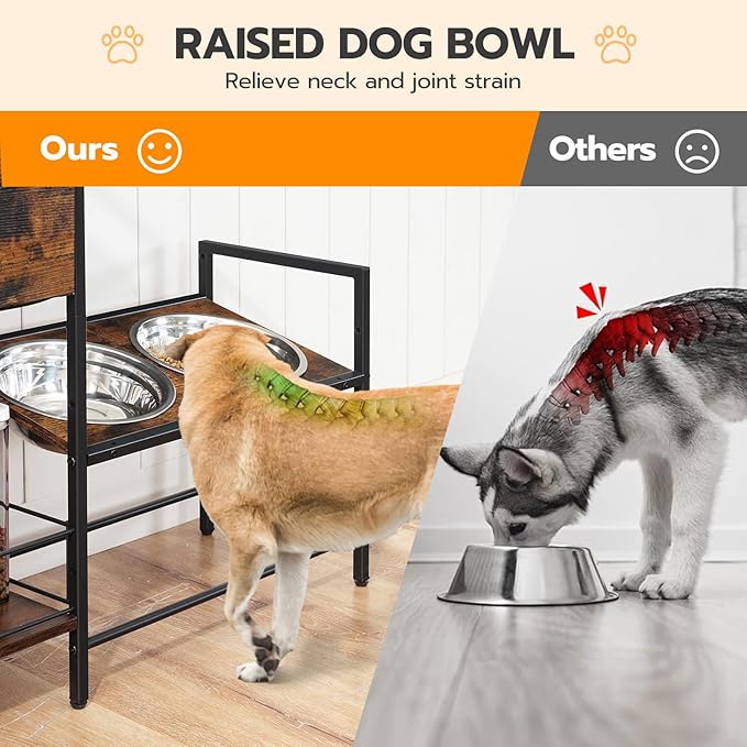 HOOBRO Raised Dog Bowls, Elevated Dog Bowl Stand with 3 Heights Adjustable, 2 Stainless Steel Bowls for Large Medium Breeds, Dogs Feeding Station with Storage, Rustic Brown and Black BF22PO03