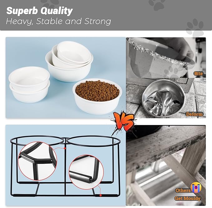Ceramic Elevated Dog Bowl Set - Raised Double Feeding Bowls with Metal Stand - Pet Dishes for Medium and Large Dogs - 3.5 Cups - 54 fl oz - Matte White