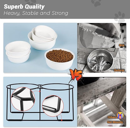 Ceramic Elevated Dog Bowl Set - Raised Double Feeding Bowls with Metal Stand - Pet Dishes for Medium and Large Dogs - 3.5 Cups - 54 fl oz - Matte White