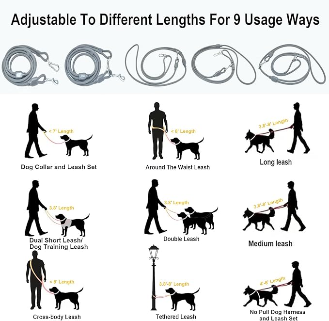 Hands Free Dog Leash Crossbody & Waist for Walking, 9-in-1 No Pull Dog Harness & Leash Set, Heavy Duty Waterproof Slip Lead for Large Medium Breeds (20-120lbs, Grey)