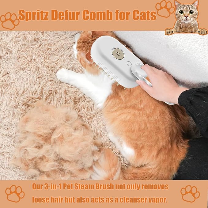 Cat Steam Brush for Shedding, 4 in 1 Rechargeable Steam Brush for Cats and Dogs, Spritz Defur Comb for Cats, Anti-Static, Cleaning, Shedding & Combing