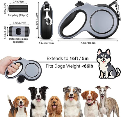 Segarty 16 Ft Retractable Leash with Waste Bag Dispenser, 5m Dog Leash with Anti-Slip Handle 360°Tangle-Free Retraction for Pet up to 66 Lbs, Durable Walking Accessory with One-Handed Brake Pause Lock