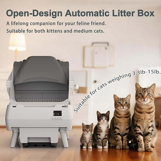 Automatic Cat Litter Box Self Cleaning - App Control, Open-Design, Smart Health Monitor, Suitable for Medium Cats and Kittens, Anti-Pinch Safety, Quiet Operation - White