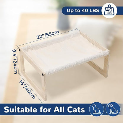 Cat Bed with Washable Pad - 9.5" Elevated Wooden Cat Hammock Bed, 360° View Design, Cot with Breathable Summer Mattress for Kitty, Puppy, Rabbit and All Pets